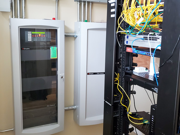 Network hub with cables, rack and blades