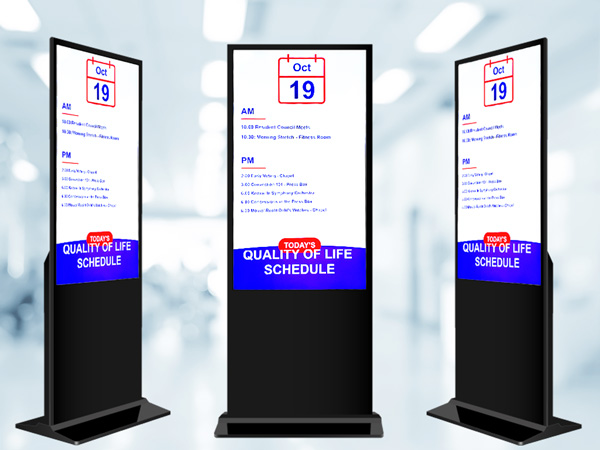 Three digital signs with daily schedule on it